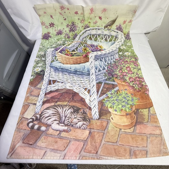 Vintage Spring Flowers Wicker Chair Cat Sleeping Garden Flag 28x40 - Picture 1 of 6